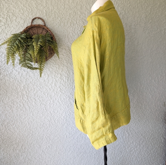 Flax Green Yellow Linen Button Down Shirt size L - Picture 4 of 7
